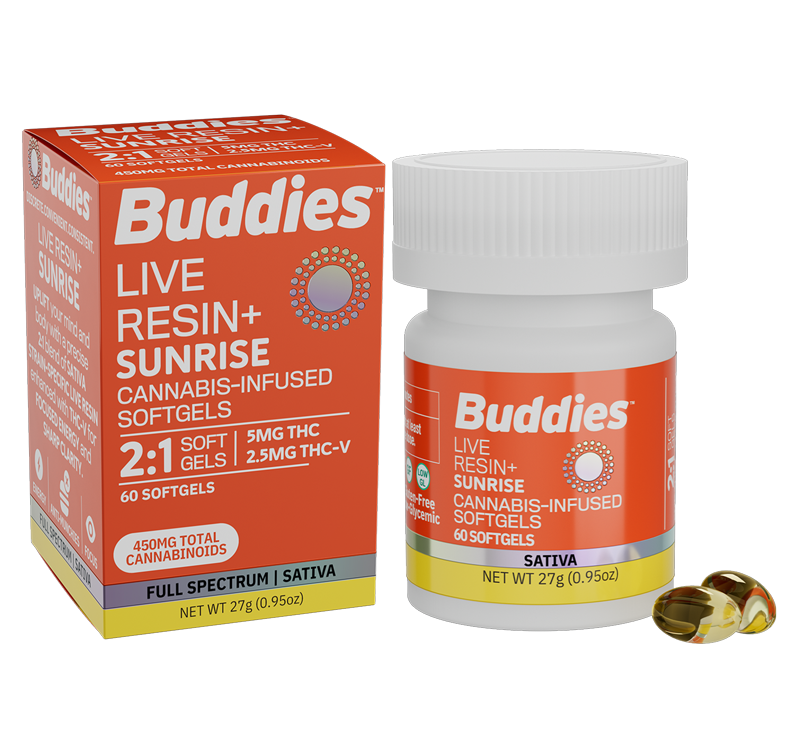 buddies brand products softgels live resin plus sunrise
