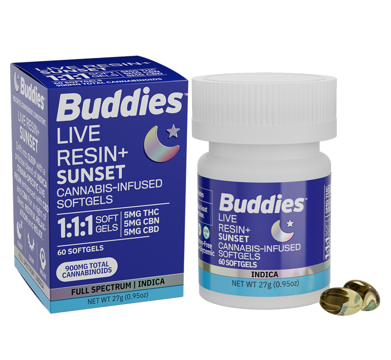 buddies brand products softgels live resin plus sunset